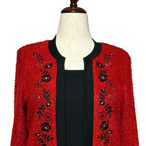 Cathy Daniels Sweater Womens XL Black Red 2 Fer Embroidered Floral Christmas